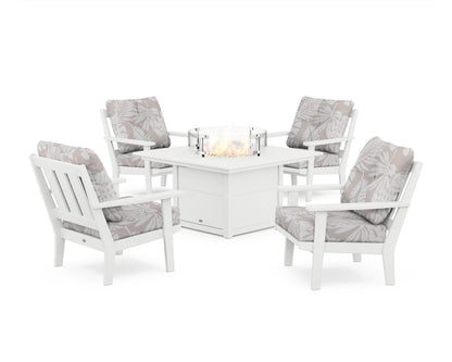 POLYWOOD® Oxford 5-Piece Deep Seating Set with Fire Pit Table in White / Leaf Dune Burlap