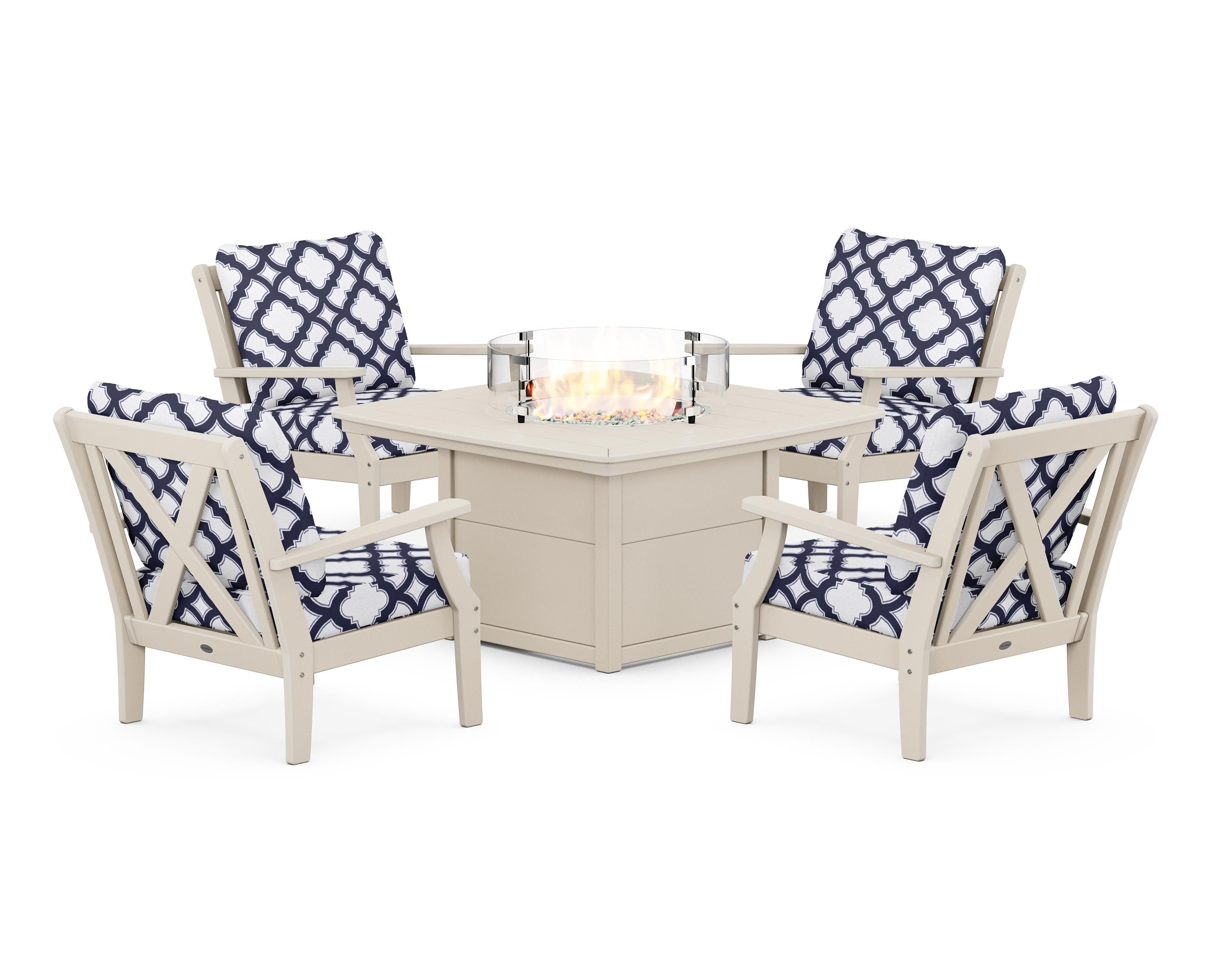 POLYWOOD® Braxton 5-Piece Deep Seating Conversation Set with Fire Pit Table in Sand / Trellis Navy