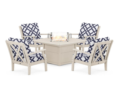 POLYWOOD® Braxton 5-Piece Deep Seating Conversation Set with Fire Pit Table in Sand / Trellis Navy