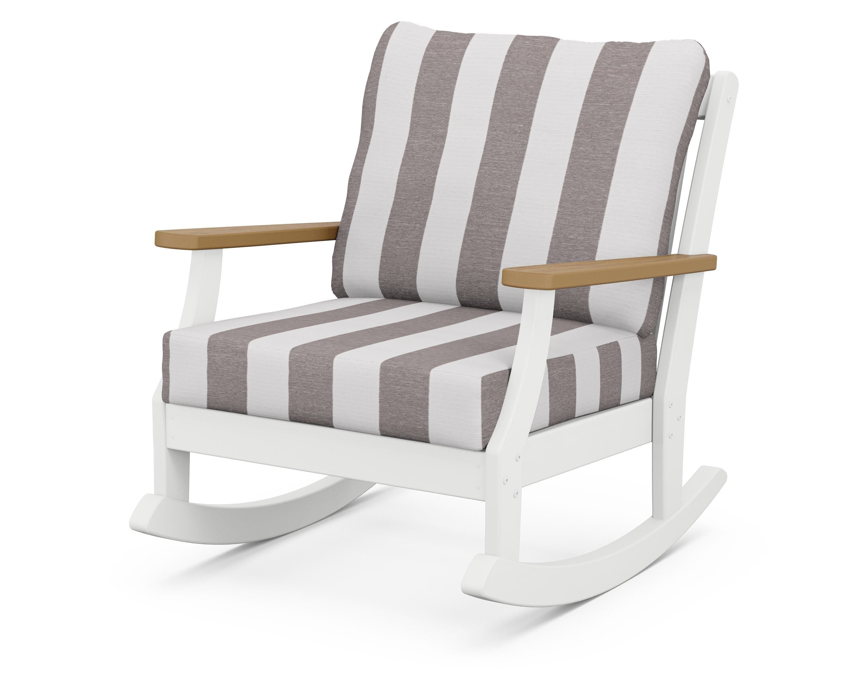 POLYWOOD® Braxton Deep Seating Rocking Chair in White / Natural / Cabana Stripe Grey Mist