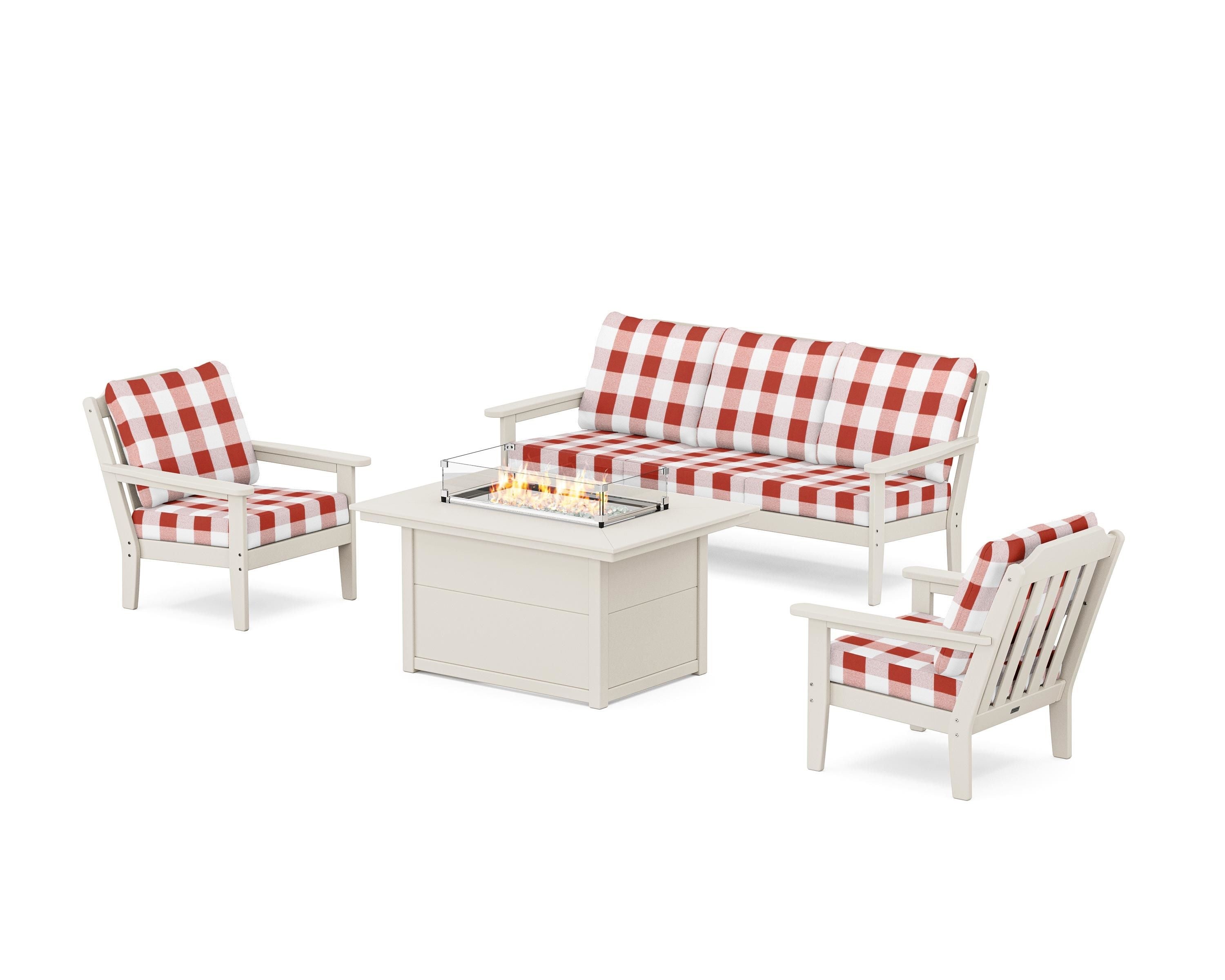 Country Living Cottage Deep Seating Fire Pit Table Set in Sand / Buffalo Plaid Crimson