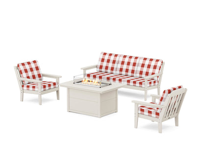Country Living Cottage Deep Seating Fire Pit Table Set in Sand / Buffalo Plaid Crimson