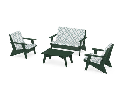 POLYWOOD® Riviera Modern Lounge 4-Piece Set in Green / Trellis Glacier Spa