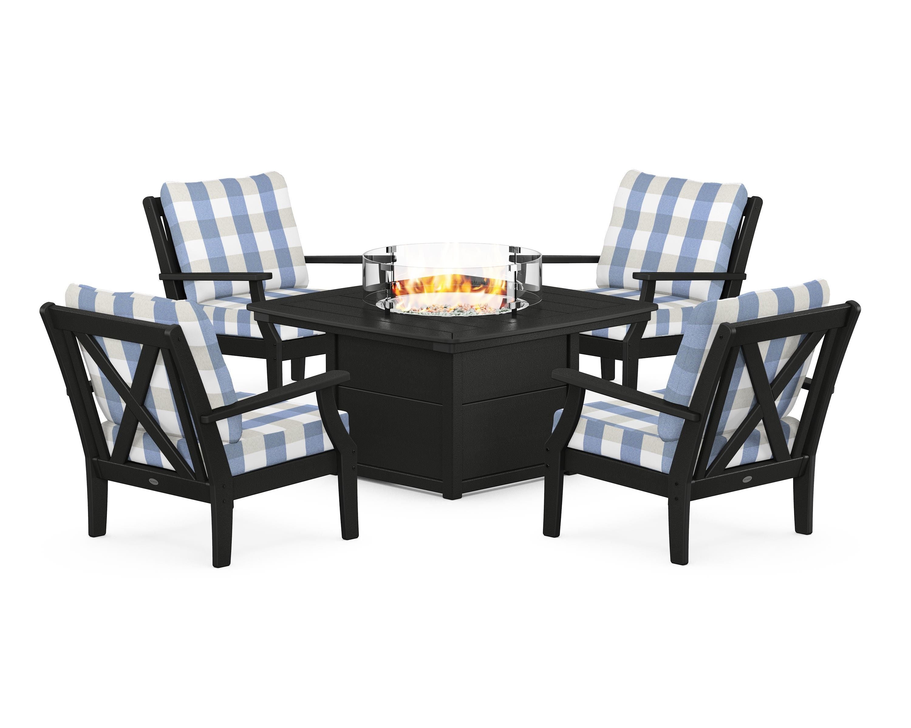 POLYWOOD® Braxton 5-Piece Deep Seating Conversation Set with Fire Pit Table in Black / Buffalo Plaid Sky Blue