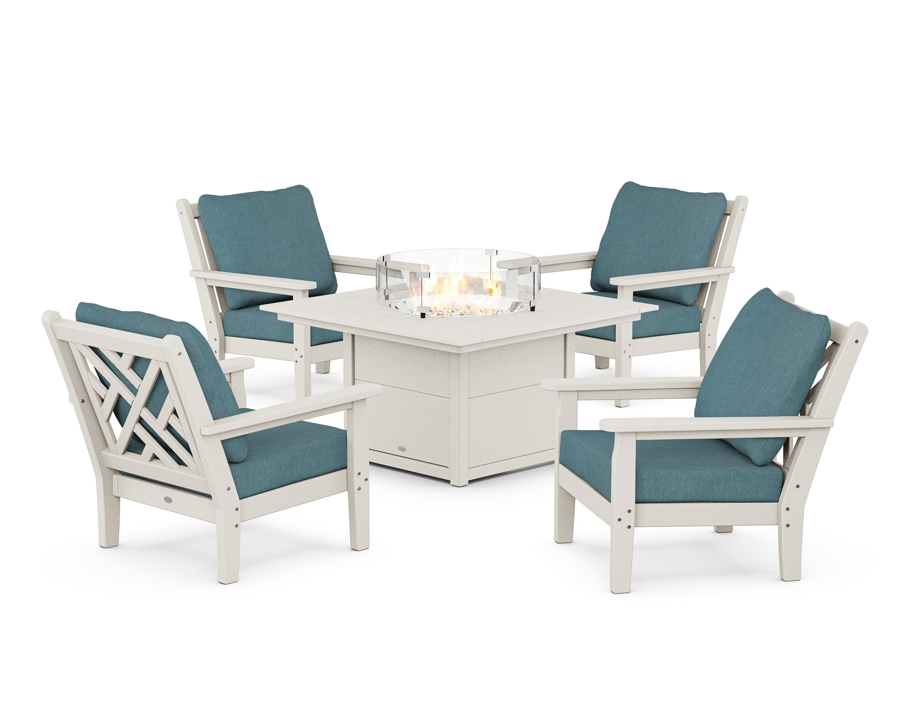 POLYWOOD® Chippendale 5-Piece Deep Seating Set with Fire Pit Table in Sand / Ocean Teal