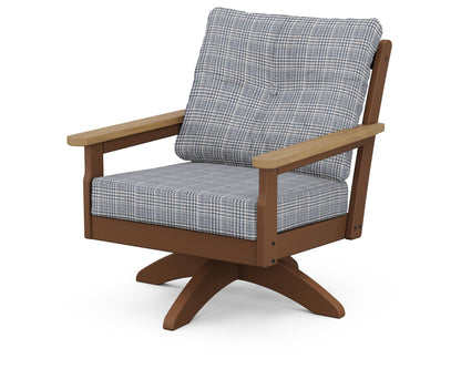 POLYWOOD® Vineyard Deep Seating Swivel Chair in Teak / Natural / Houndstooth Sky Blue