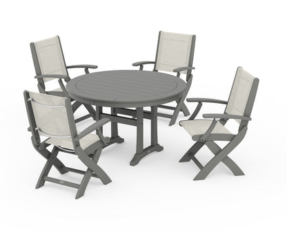 POLYWOOD® Coastal Folding Chair 5-Piece Round Dining Set with Trestle Legs in Slate Grey / Parchment Sling