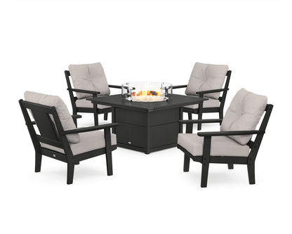 POLYWOOD® Prairie 5-Piece Deep Seating Set with Fire Pit Table in Black / Dune Burlap