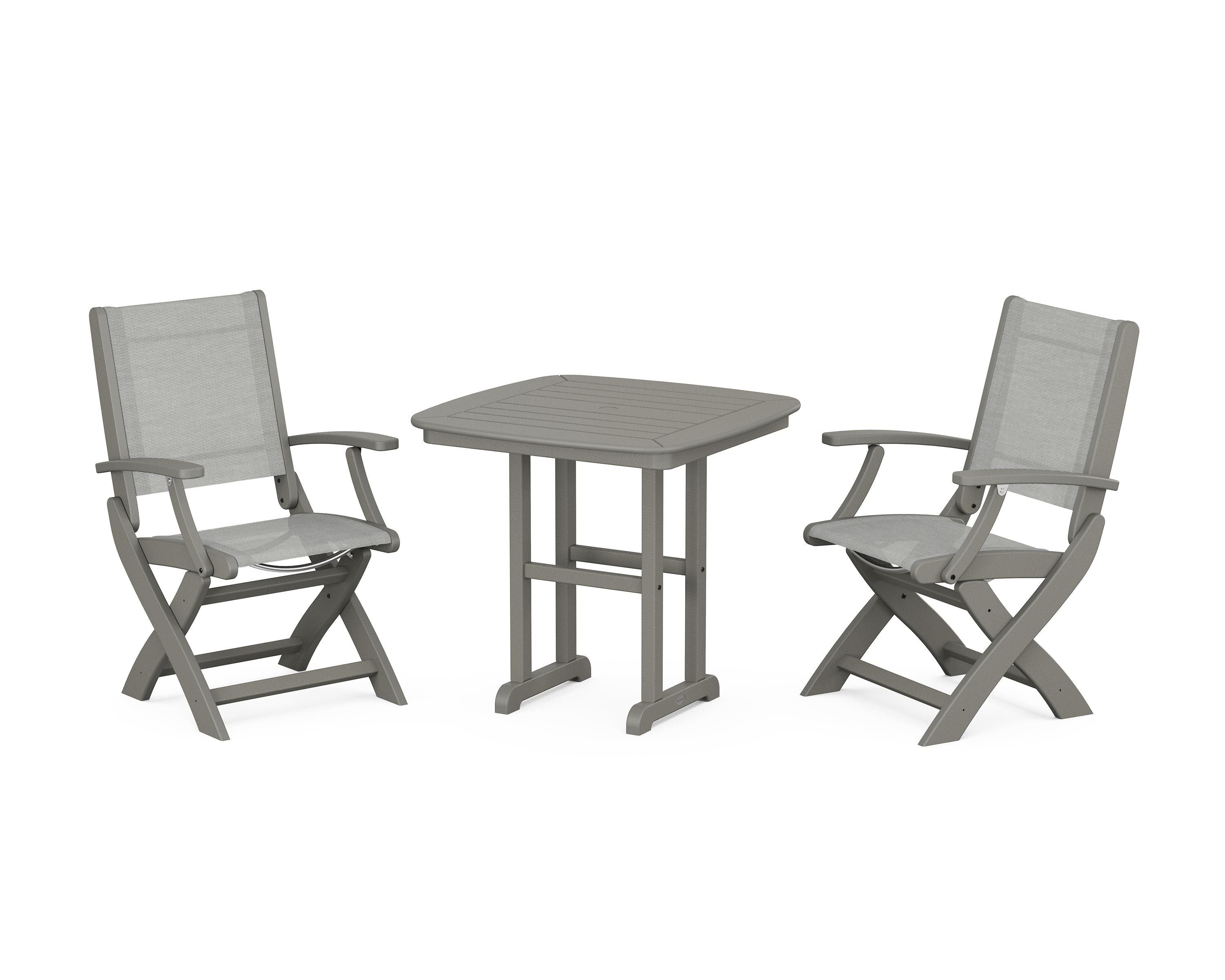 POLYWOOD® Coastal Folding Chair 3-Piece Dining Set in Slate Grey / Metallic Sling