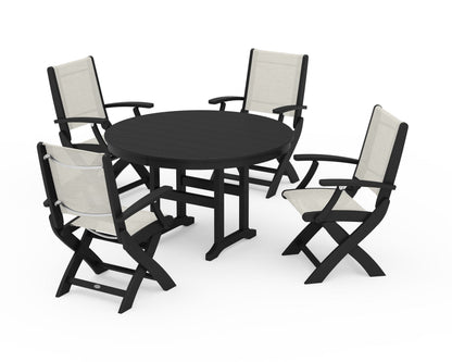 POLYWOOD® Coastal Folding Chair 5-Piece Round Dining Set in Black / Parchment Sling