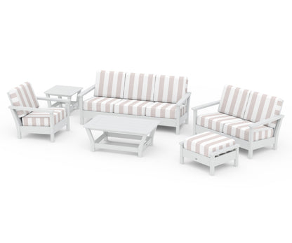 POLYWOOD® Harbour 6-Piece Outdoor Living Set in White / Cabana Stripe Dune Burlap