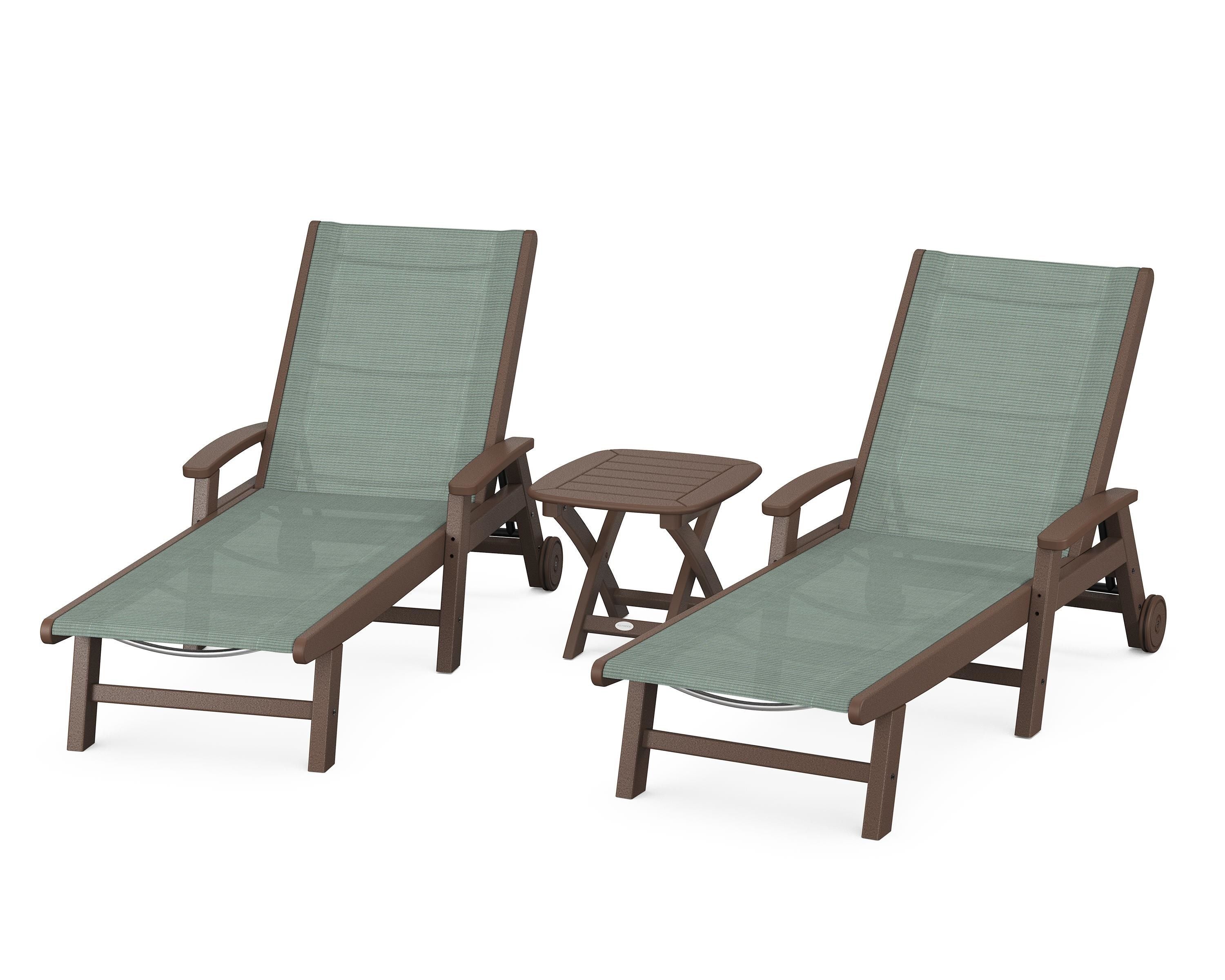 POLYWOOD® Coastal 3-Piece Wheeled Chaise Set in Mahogany / Dupioni Sea Mist Sling