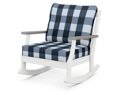 POLYWOOD® Braxton Deep Seating Rocking Chair in White / Driftwood / Buffalo Plaid Marine Indigo