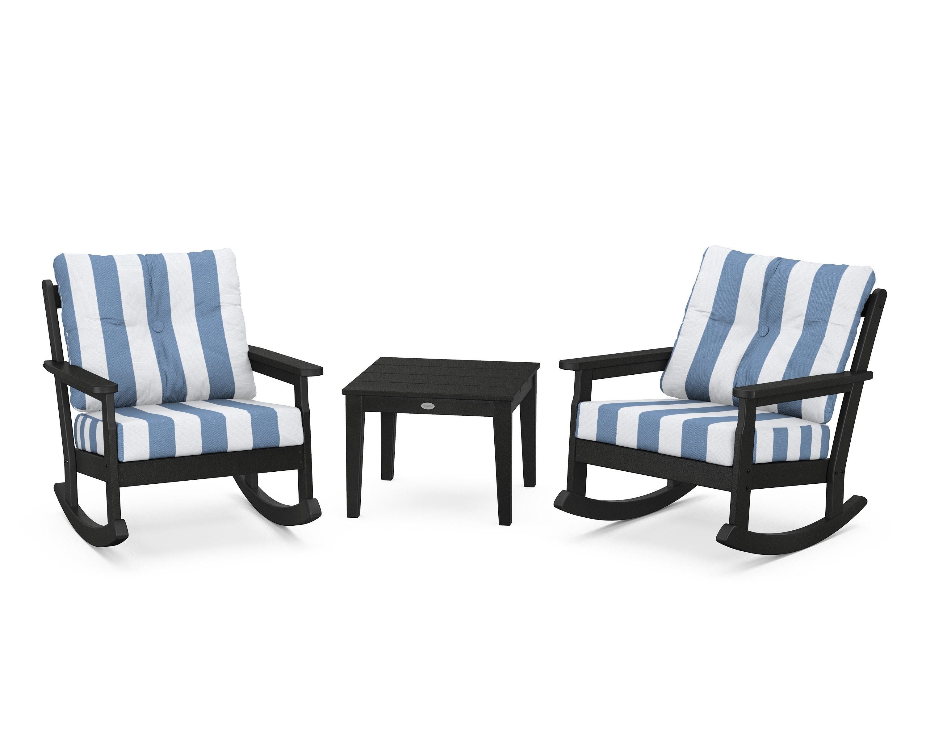 POLYWOOD® Vineyard 3-Piece Deep Seating Rocker Set in Black / Cabana Stripe Sky Blue