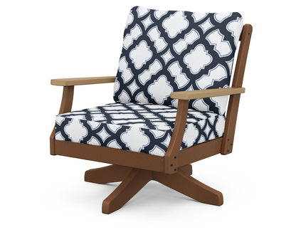 POLYWOOD® Braxton Deep Seating Swivel Chair in Teak / Natural / Trellis Marine Indigo