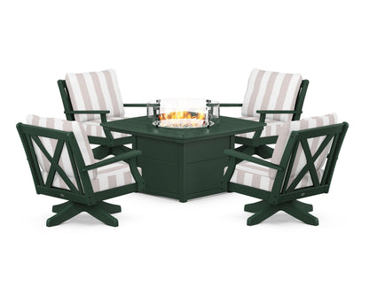 POLYWOOD® Braxton 5-Piece Deep Seating Swivel Conversation Set with Fire Pit Table in Green / Cabana Stripe Dune Burlap