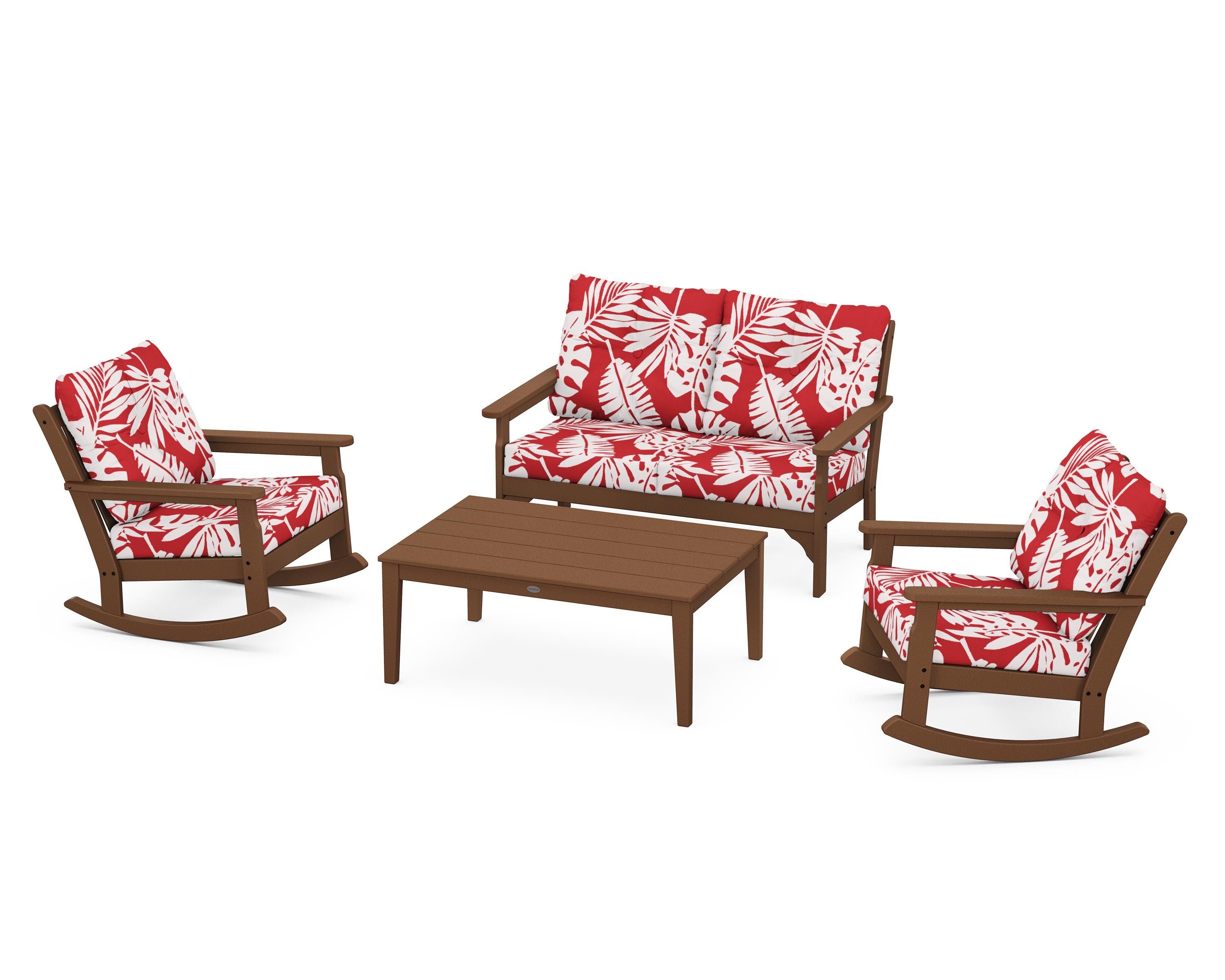 POLYWOOD® Vineyard 4-Piece Deep Seating Rocking Chair Set in Teak / Leaf Crimson