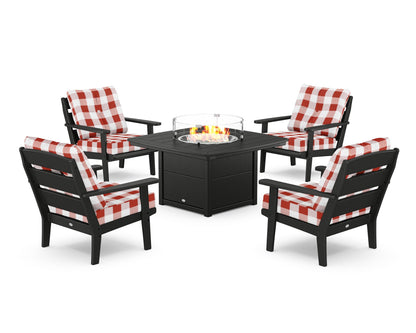 POLYWOOD® Lakeside 5-Piece Deep Seating Set with Nautical Fire Pit Table in Black / Buffalo Plaid Crimson