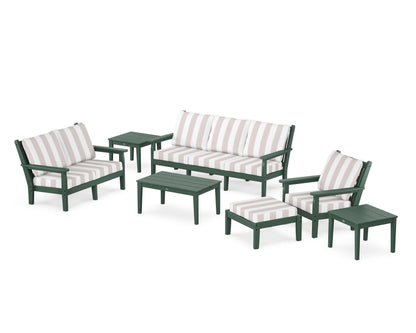 POLYWOOD® Chippendale 7-Piece Deep Seating Set in Green / Cabana Stripe Dune Burlap