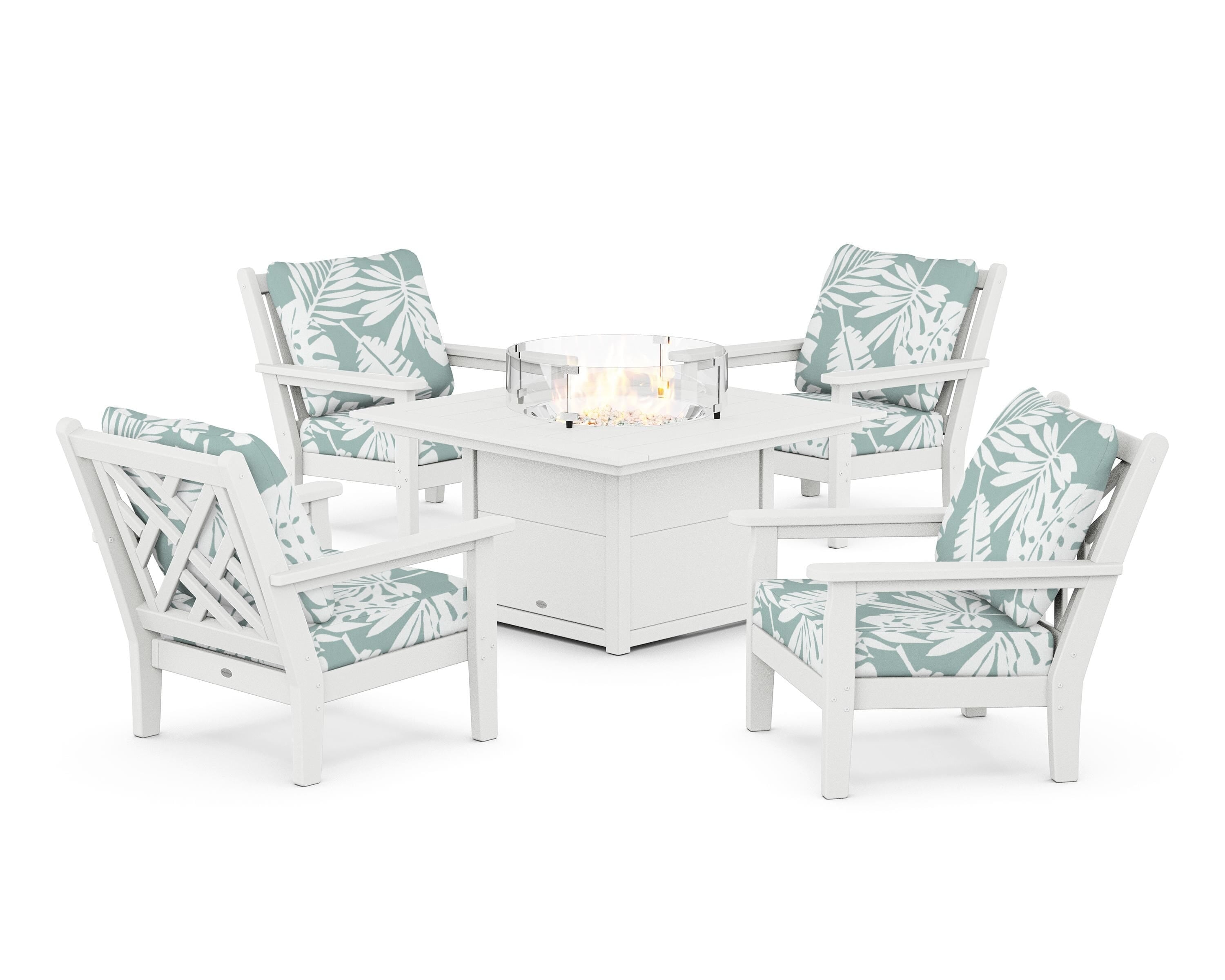 POLYWOOD® Chippendale 5-Piece Deep Seating Set with Fire Pit Table in White / Leaf Glacier Spa