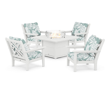 POLYWOOD® Chippendale 5-Piece Deep Seating Set with Fire Pit Table in White / Leaf Glacier Spa
