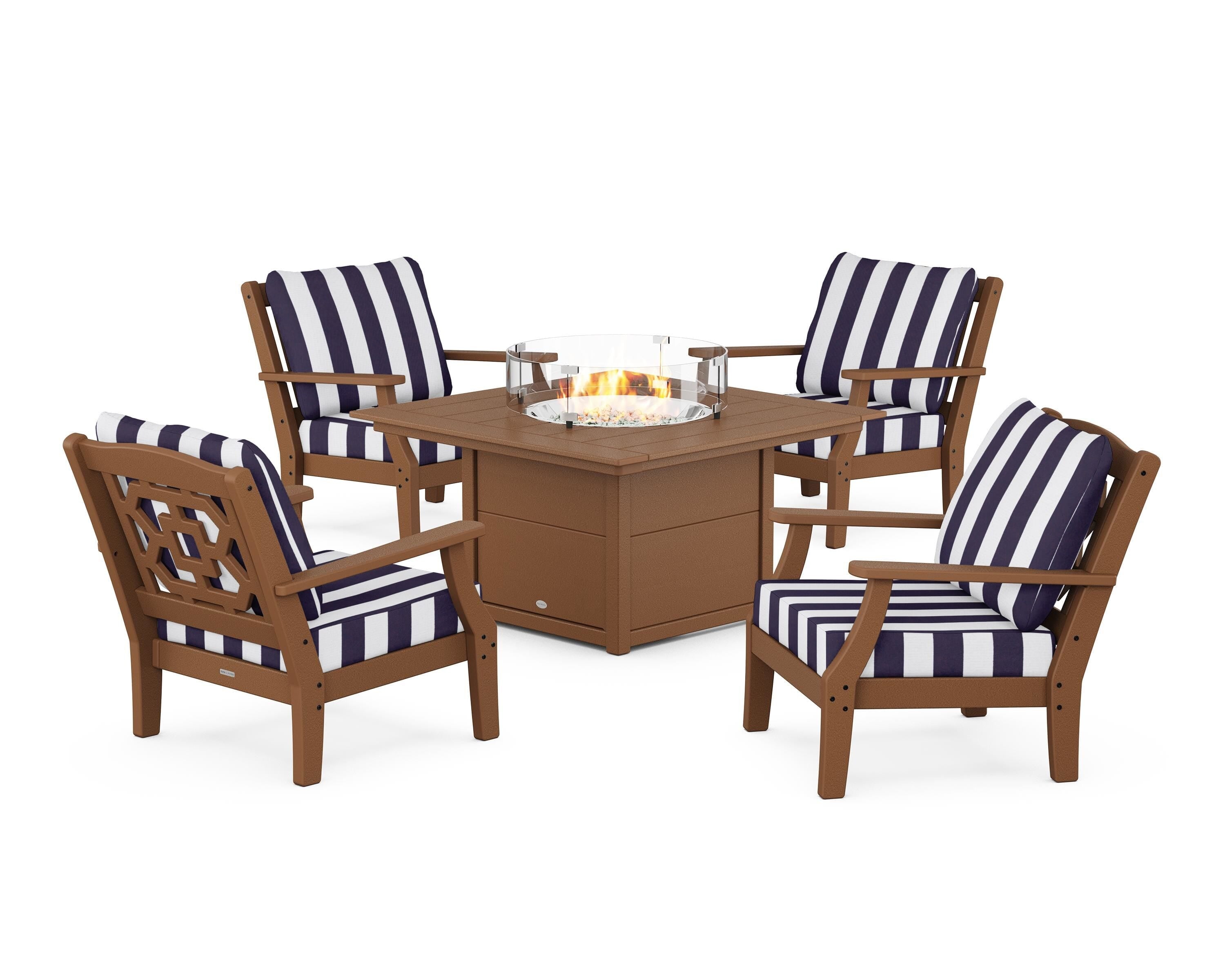 Martha Stewart by POLYWOOD® Chinoiserie 5-Piece Deep Seating Set with Fire Pit Table in Teak / Cabana Stripe Navy