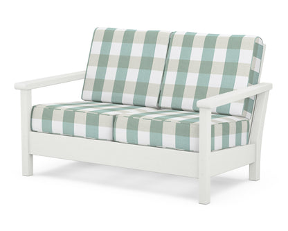 POLYWOOD® Harbour Deep Seating Loveseat in Vintage White / Buffalo Plaid Glacier Spa