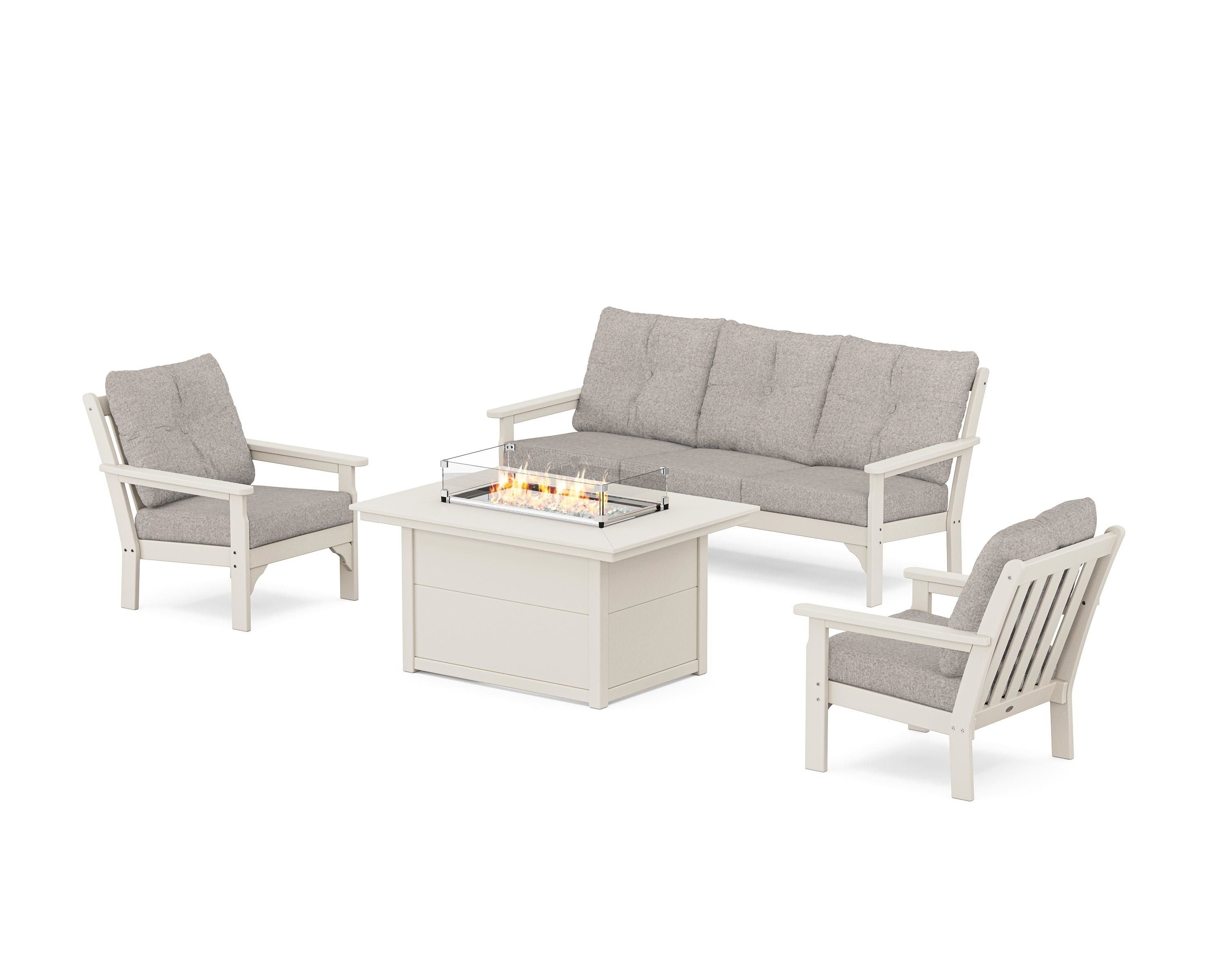 POLYWOOD® Vineyard Deep Seating Fire Pit Table Set in Sand / Weathered Tweed