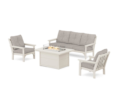 POLYWOOD® Vineyard Deep Seating Fire Pit Table Set in Sand / Weathered Tweed