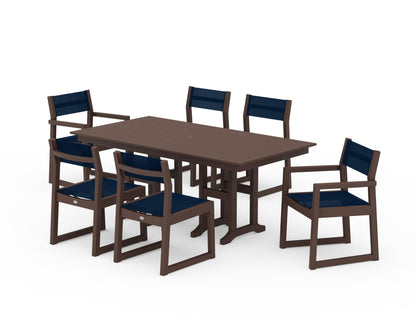 POLYWOOD® EDGE Sling 7-Piece Farmhouse Dining Set in Mahogany / Navy Blue Sling