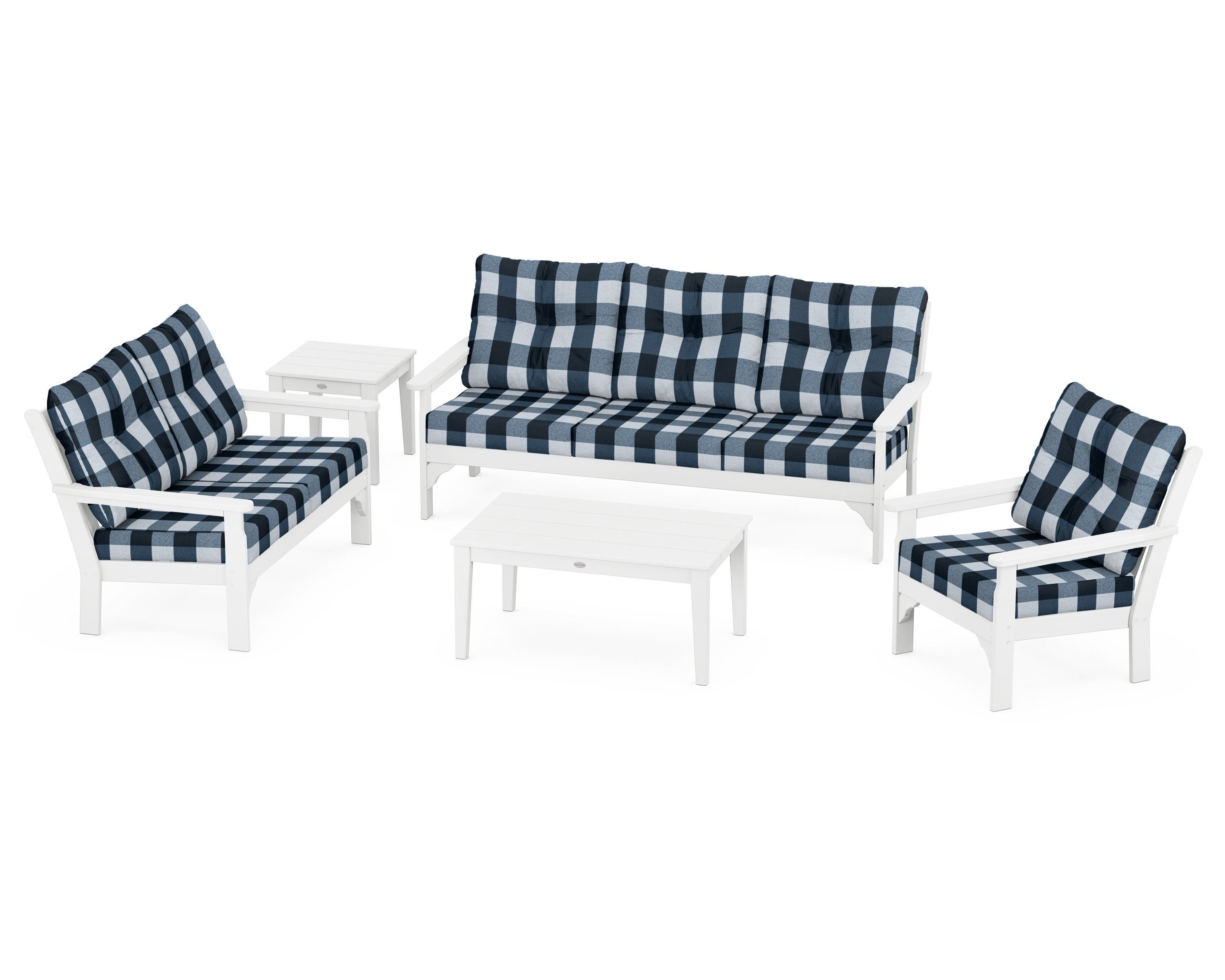POLYWOOD® Vineyard 5 Piece Deep Seating Set in White / Buffalo Plaid Marine Indigo