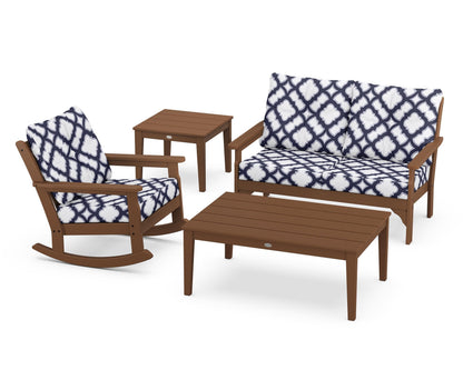 POLYWOOD® Vineyard 4-Piece Deep Seating Rocker Set in Teak / Trellis Navy