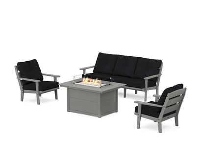 POLYWOOD® Lakeside Deep Seating Fire Pit Table Set in Slate Grey / Midnight Linen