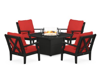 POLYWOOD® Braxton 5-Piece Deep Seating Conversation Set with Fire Pit Table in Black / Crimson Linen