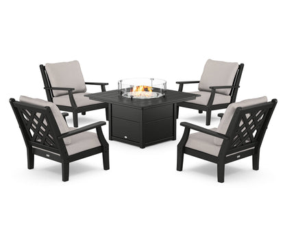 Country Living Wovendale 5-Piece Deep Seating Set with Fire Pit Table in Black / Dune Burlap