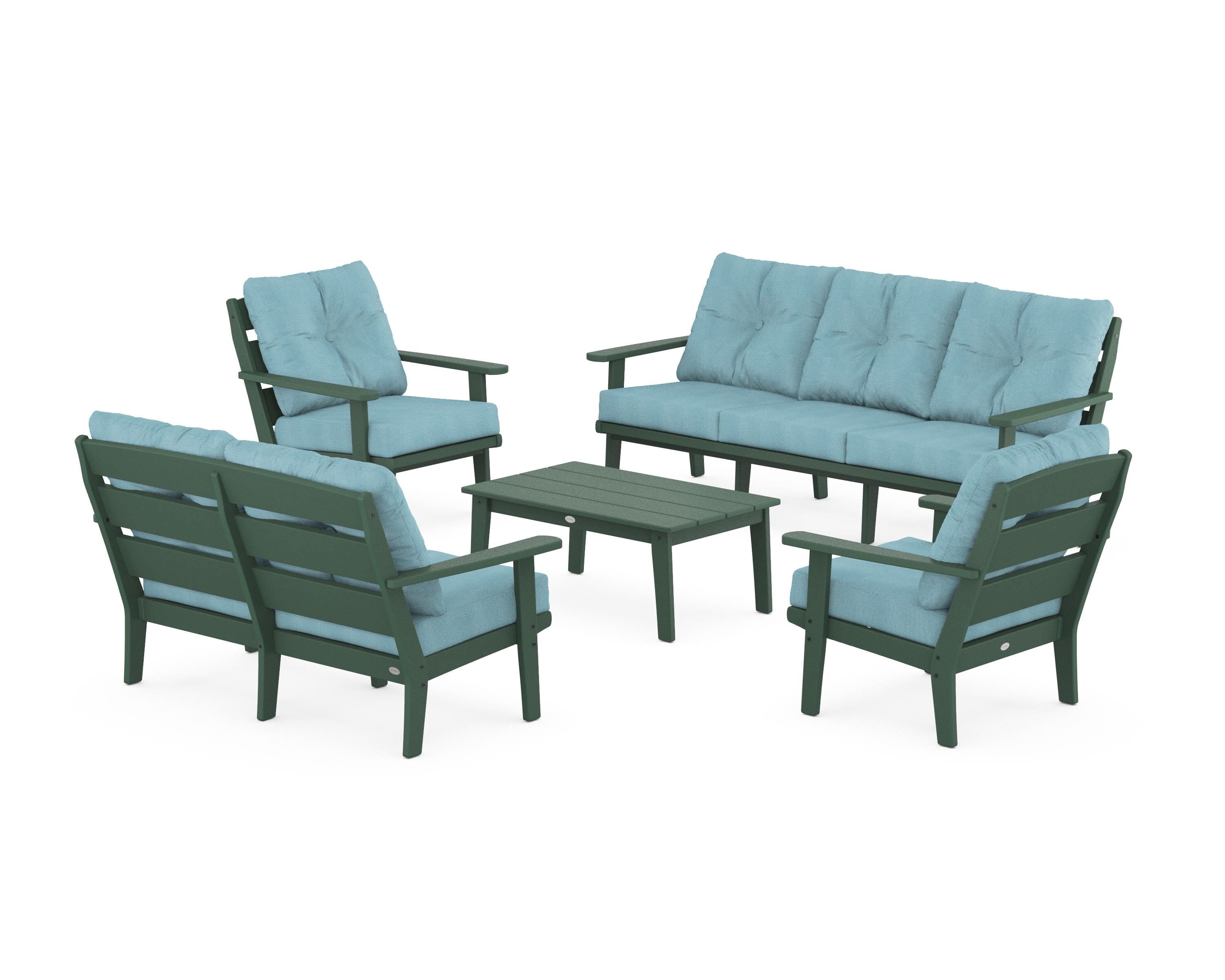 POLYWOOD® Lakeside 5-Piece Lounge Sofa Set in Green / Lattice Sky Blue