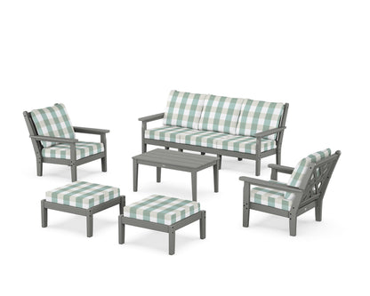 POLYWOOD® Chippendale 6-Piece Lounge Sofa Set in Slate Grey / Buffalo Plaid Glacier Spa