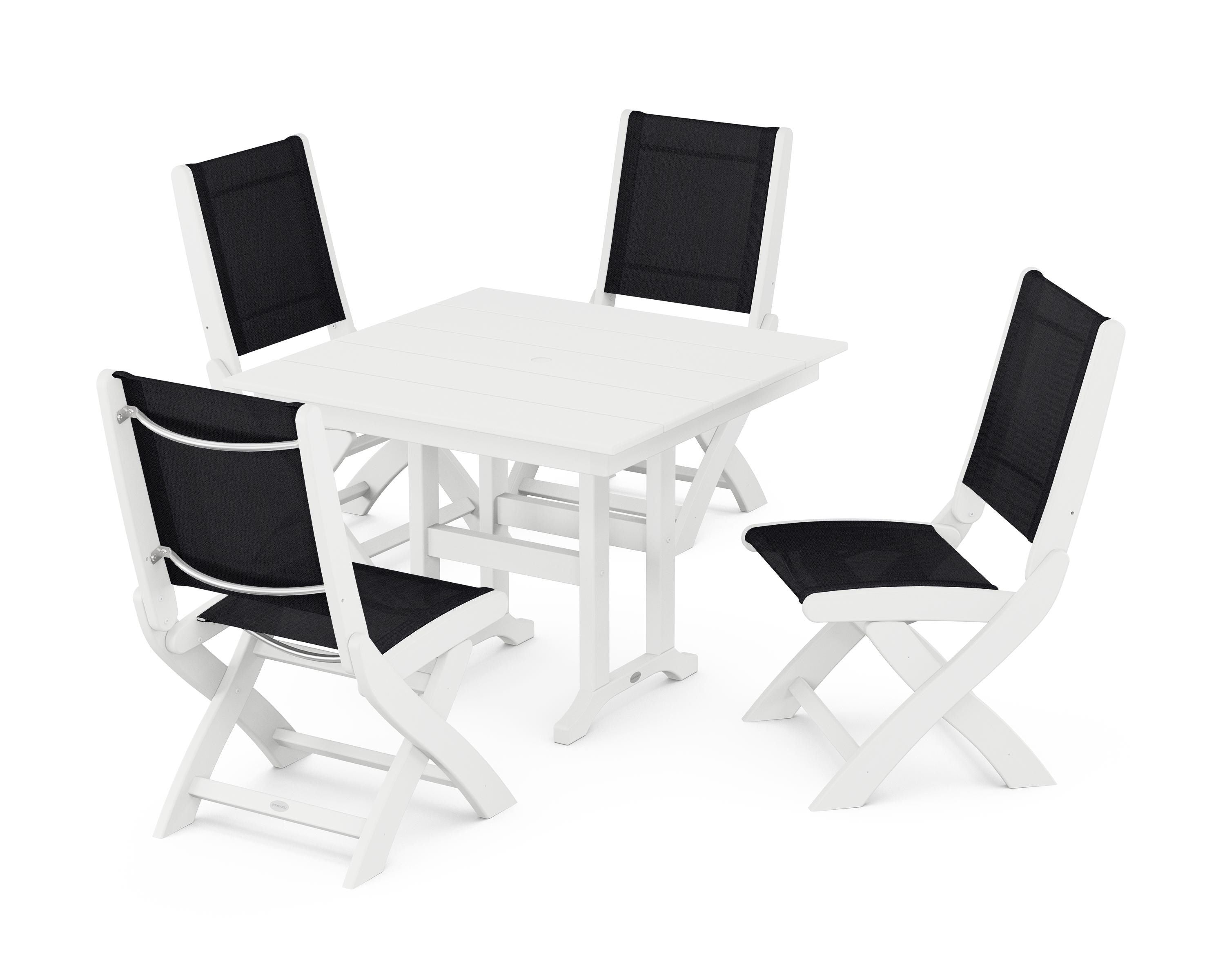 POLYWOOD® Coastal Folding Side Chair 5-Piece Farmhouse Dining Set in White / Black Sling