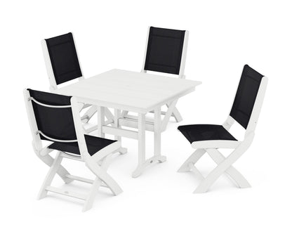 POLYWOOD® Coastal Folding Side Chair 5-Piece Farmhouse Dining Set in White / Black Sling