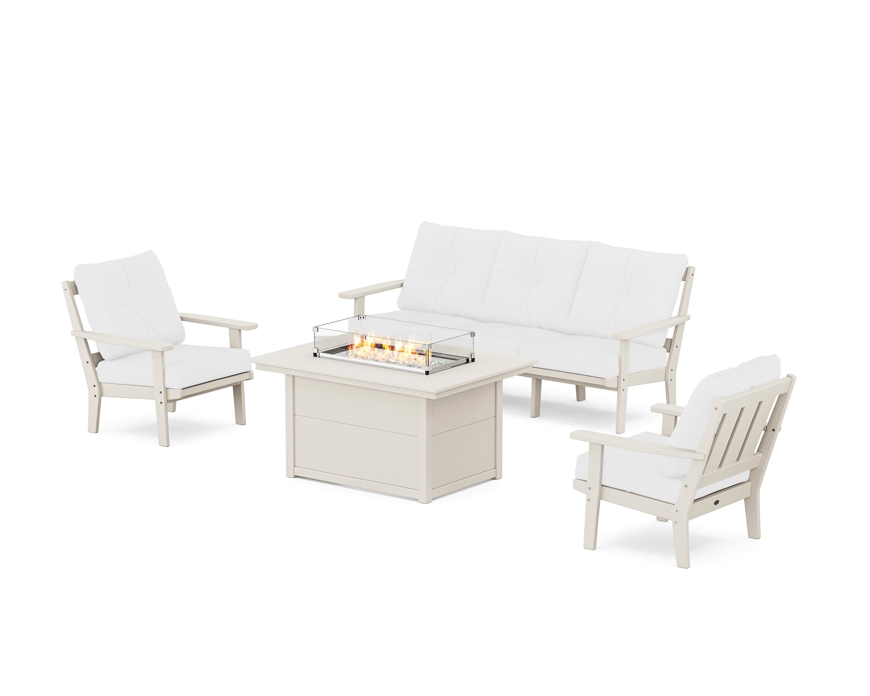 POLYWOOD® Oxford Deep Seating Fire Pit Table Set in Sand / Natural