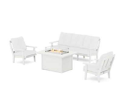 POLYWOOD® Mission Deep Seating Fire Pit Table Set in White / Natural