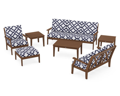 POLYWOOD® Braxton 7-Piece Deep Seating Set in Teak / Trellis Navy
