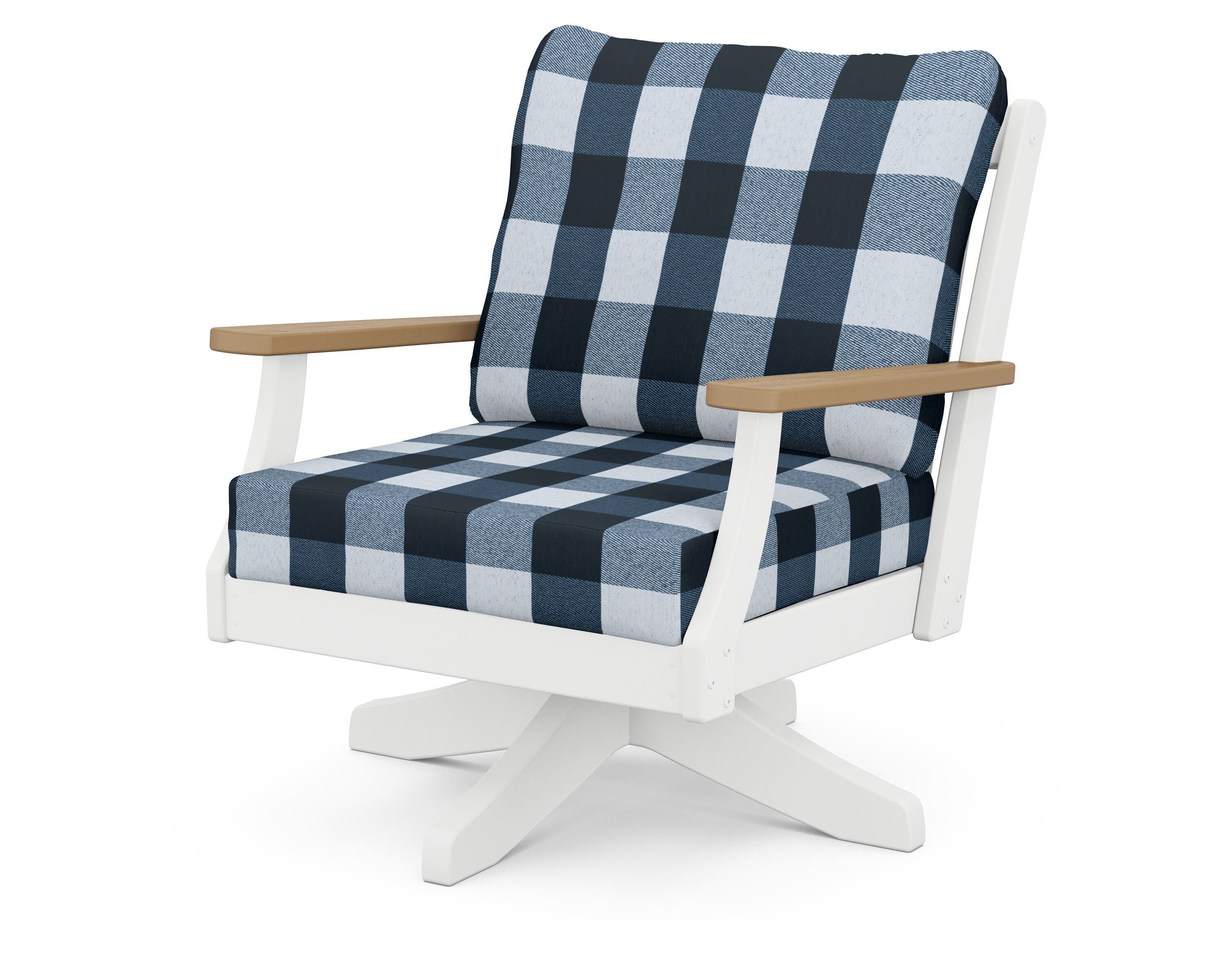 POLYWOOD® Braxton Deep Seating Swivel Chair in White / Natural / Buffalo Plaid Marine Indigo