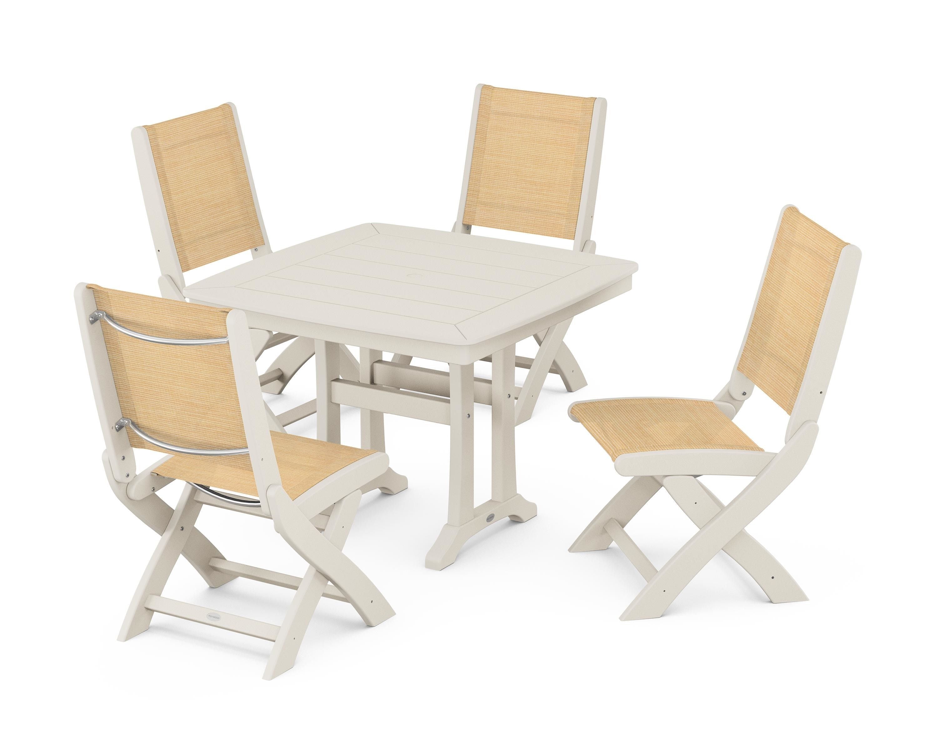 POLYWOOD® Coastal Folding Side Chair 5-Piece Dining Set with Trestle Legs in Sand / Dupioni Apricot Sling