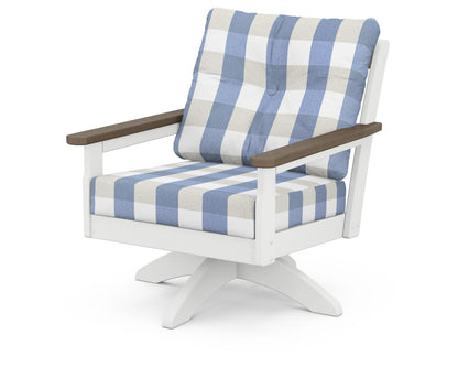POLYWOOD® Vineyard Deep Seating Swivel Chair in White / Kona / Buffalo Plaid Sky Blue