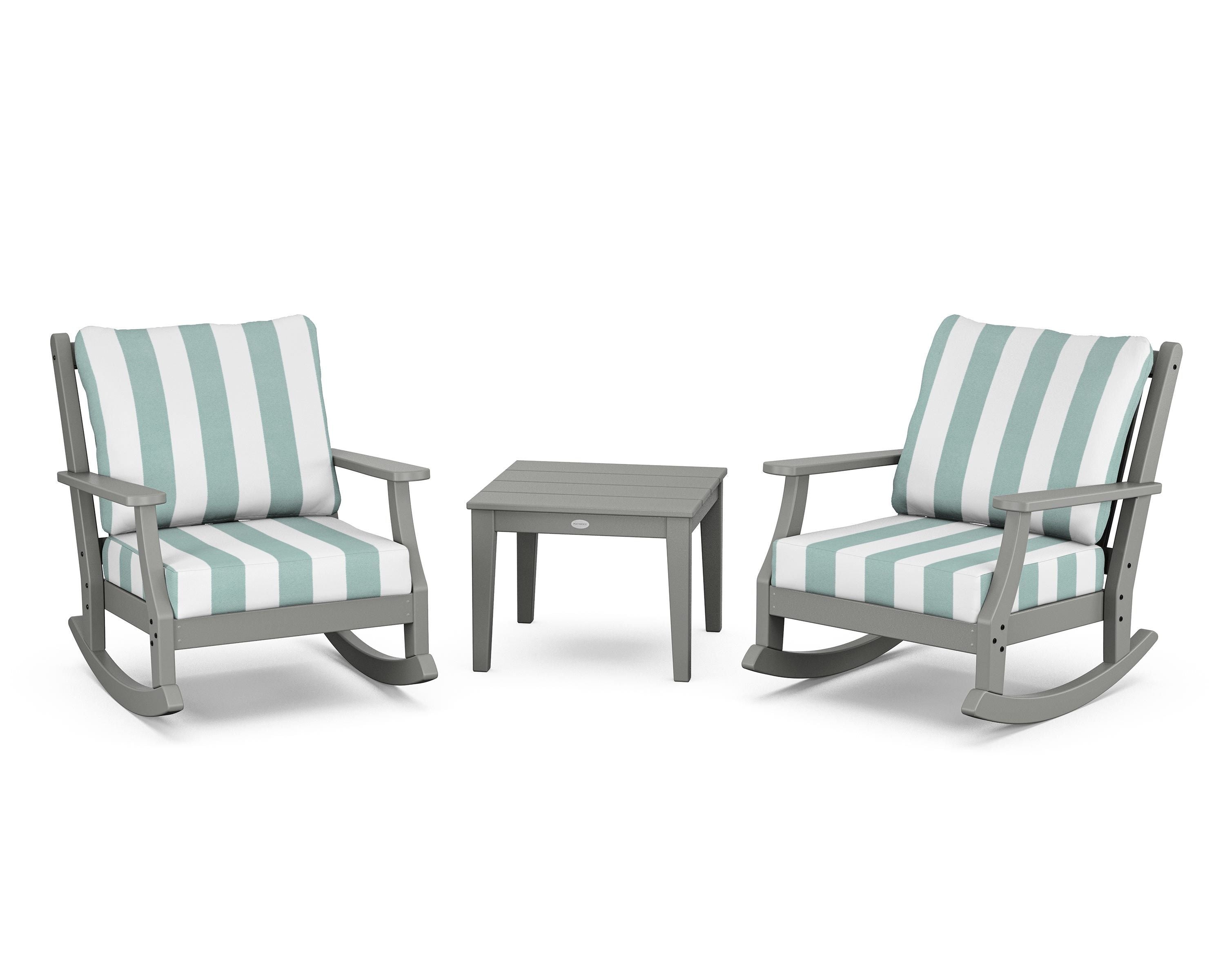 Country Living Wovendale 3-Piece Deep Seating Rocker Set in Slate Grey / Cabana Stripe Glacier Spa