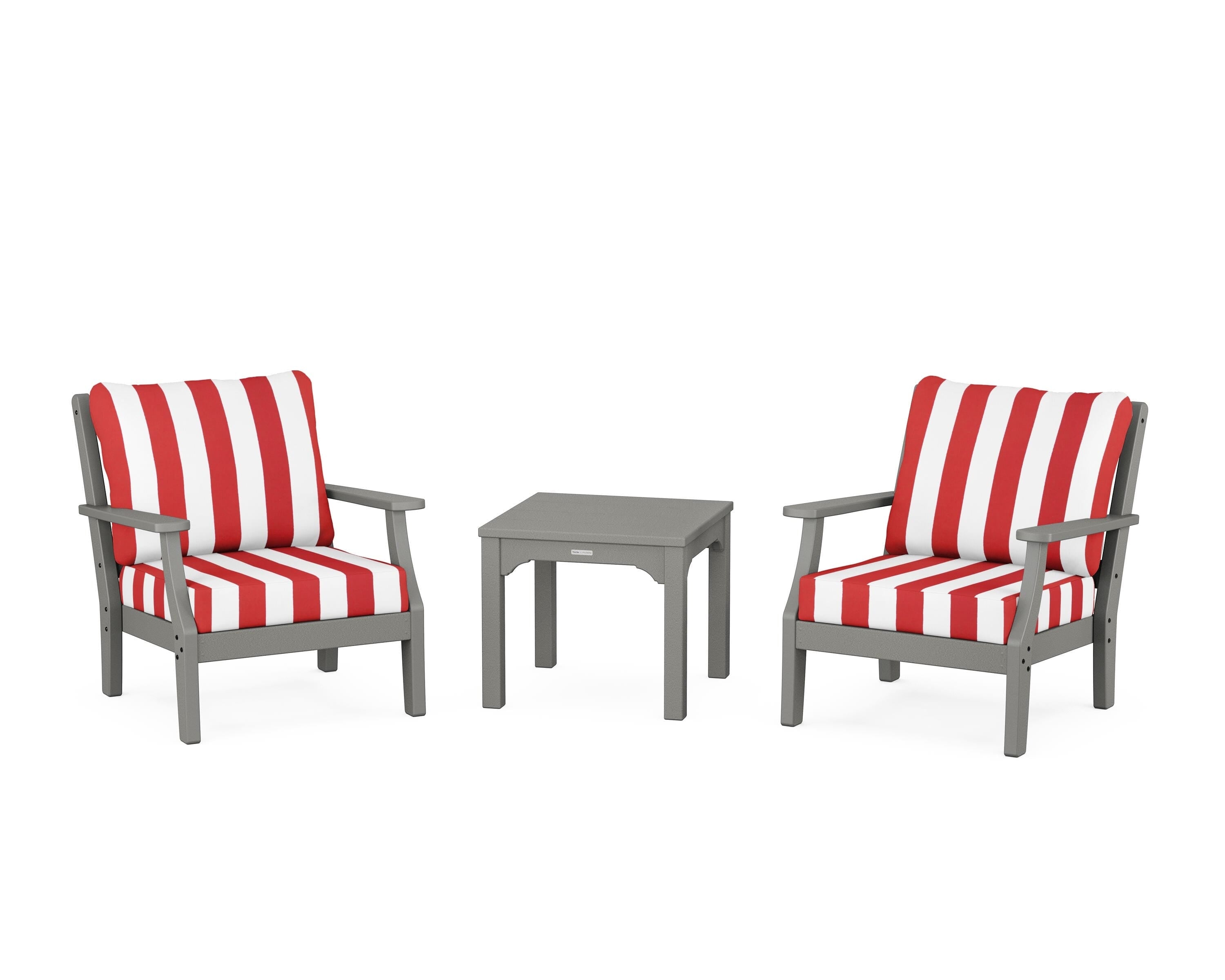 Martha Stewart by POLYWOOD® Chinoiserie 3-Piece Deep Seating Set in Slate Grey / Cabana Stripe Crimson
