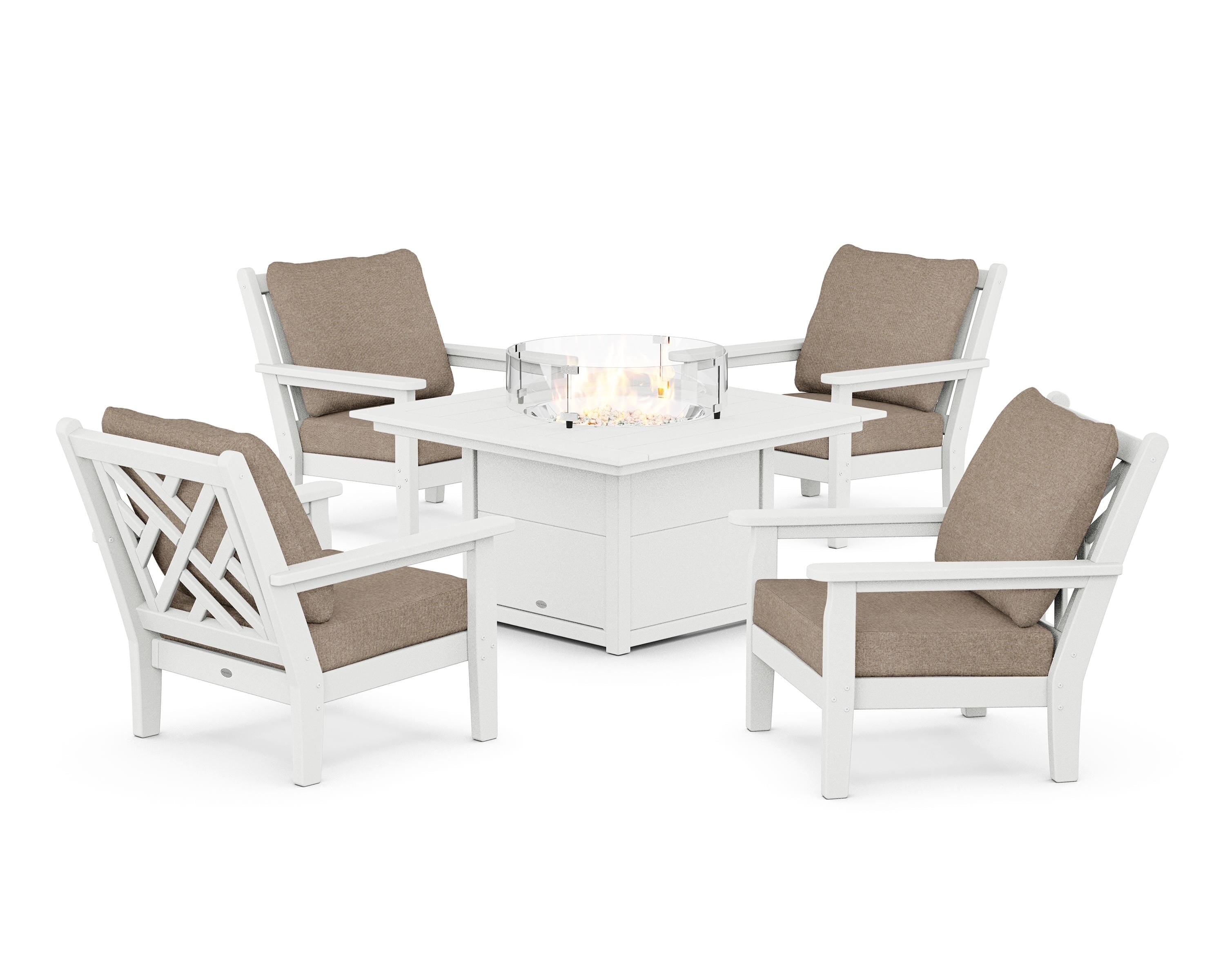 POLYWOOD® Chippendale 5-Piece Deep Seating Set with Fire Pit Table in White / Spiced Burlap