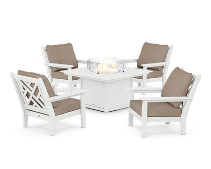 POLYWOOD® Chippendale 5-Piece Deep Seating Set with Fire Pit Table in White / Spiced Burlap