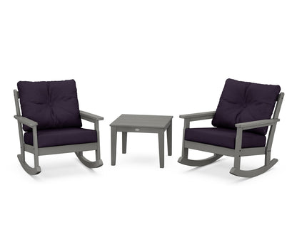 POLYWOOD® Vineyard 3-Piece Deep Seating Rocker Set in Slate Grey / Navy Linen